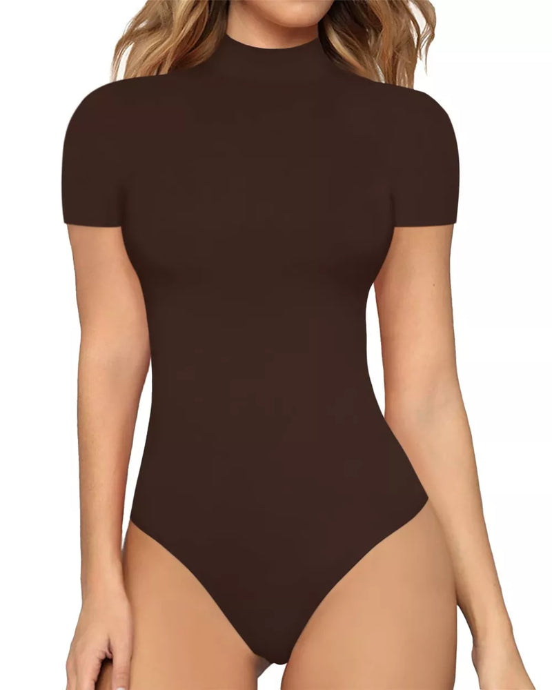Mock Neck Short Sleeve Bodysuit | Hazel & June Dark Brown