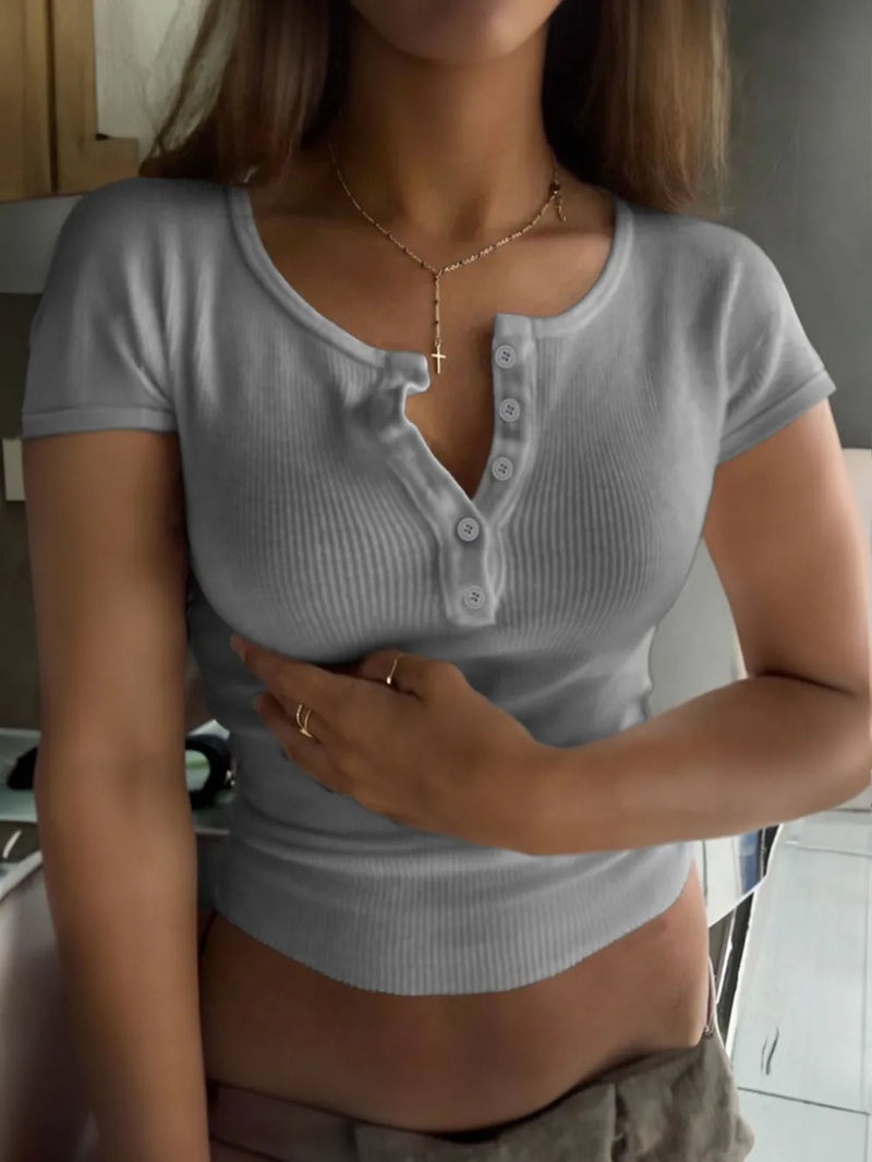 Ribbed Button Detail Round Neck Short Sleeve T-Shirt 1