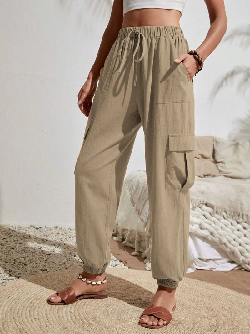 Drawstring Joggers with Cargo Pockets | Hazel & June Khaki