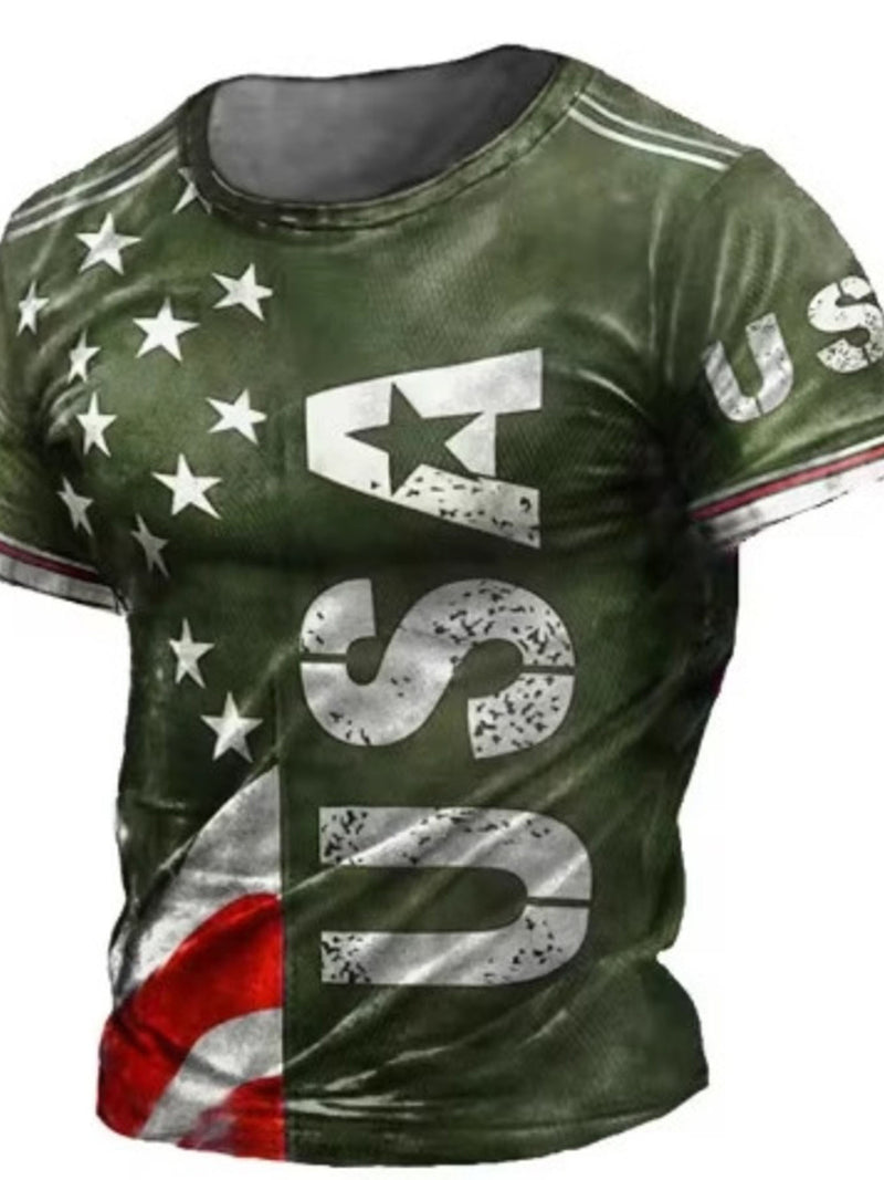 Men's Full Size USA Flag Print T-Shirt Plus Size Moss