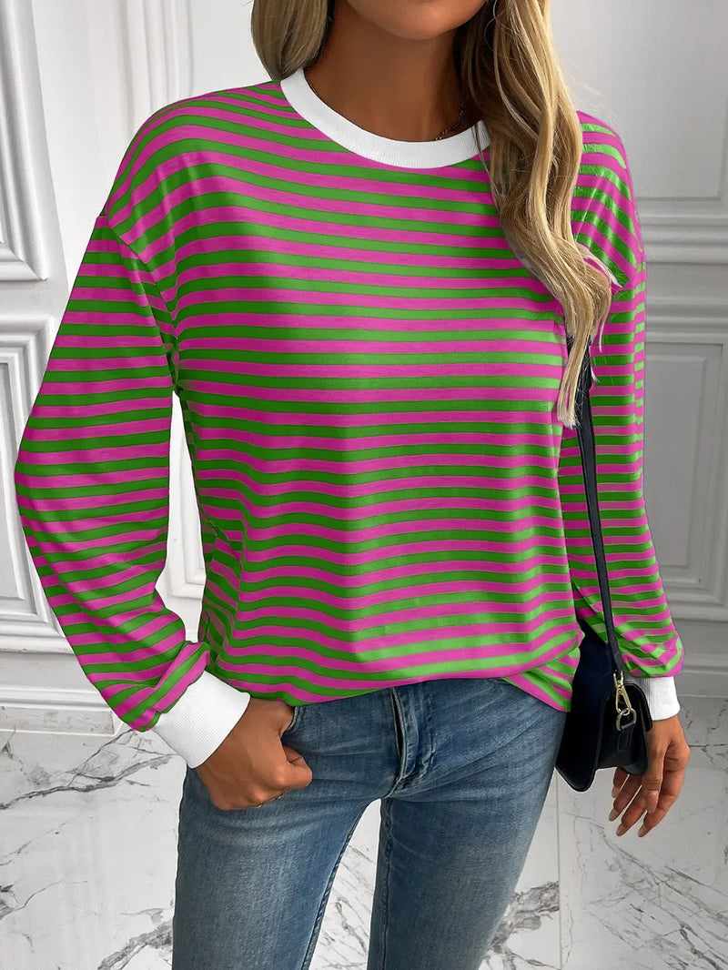 Ivy Lane Striped Round Neck Long Sleeve Sweatshirt | Hazel & June Dark Green