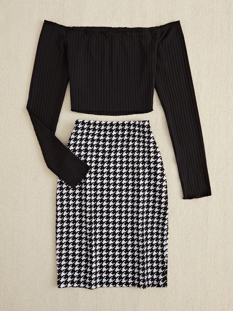 Off-Shoulder Long Sleeve Top and Houndstooth Skirt Set 3