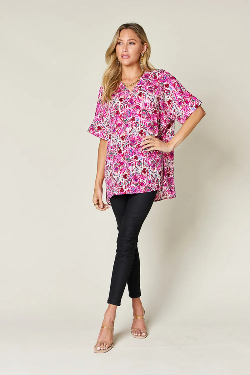 Double Take Full Size Printed V-Neck Short Sleeve Blouse 6