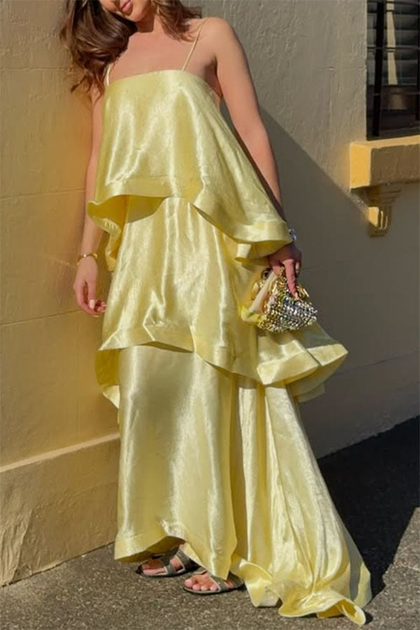 Saona Tiered Satin Maxi Dress — Yellow