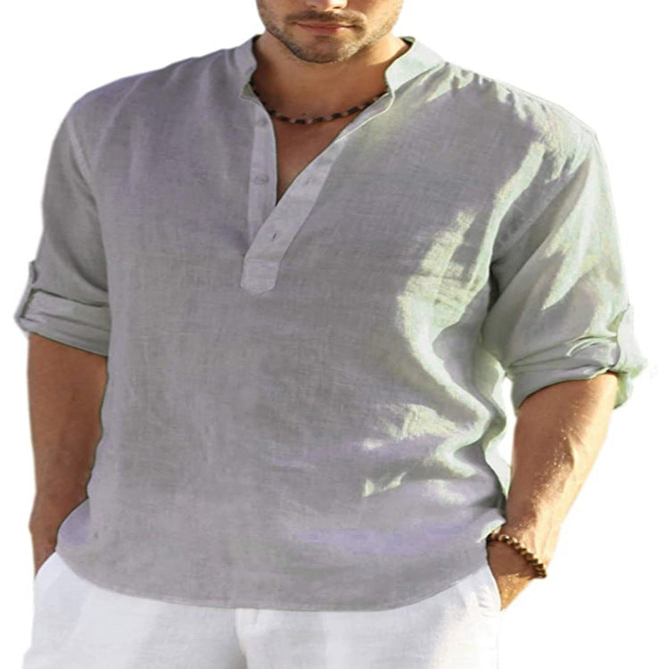 Grove Cotton Linen Stand Collar Shirt — Grey