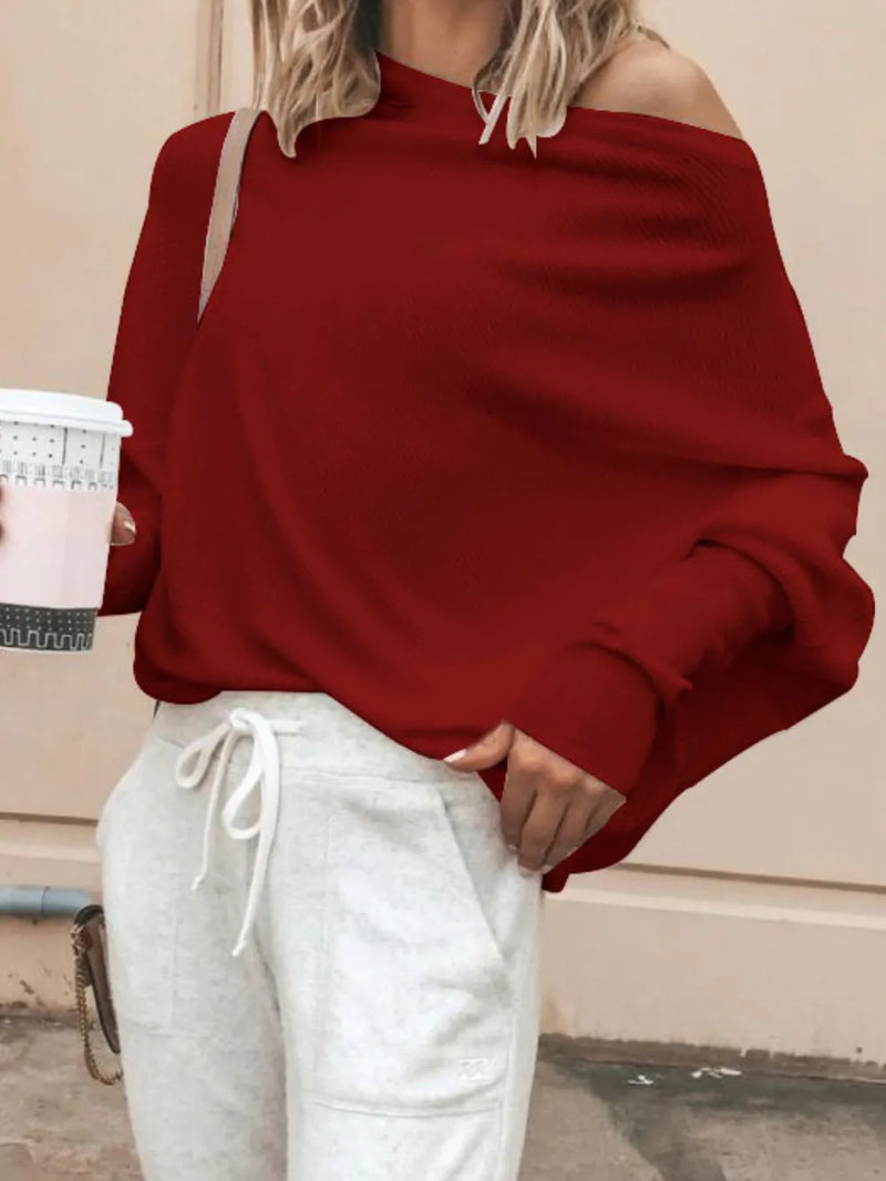 Single Shoulder Ribbed Knit Top | Hazel & June Burgundy