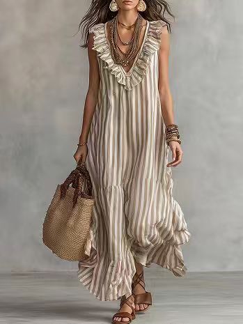 Striped Ruffle V-Neck Maxi 2