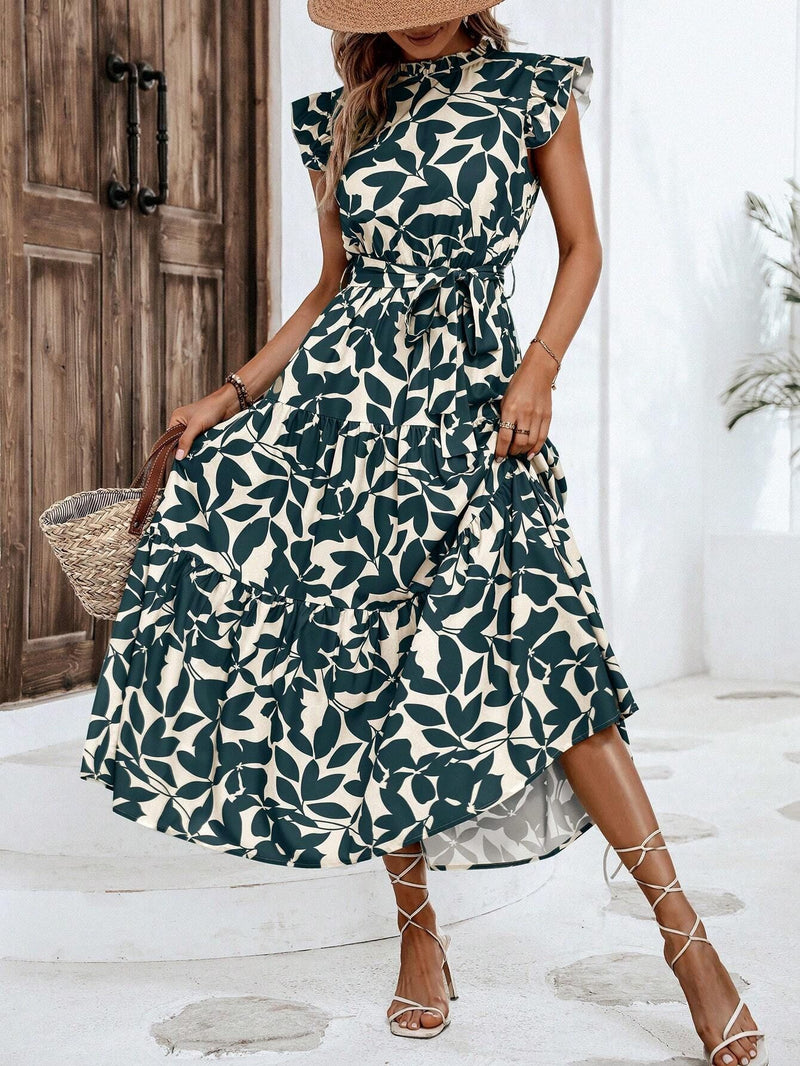 Rust Leaf-Print Ruffle Midi 3