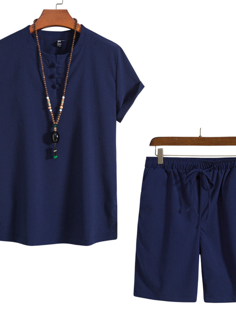 Men's Plus Size Mandarin Collar Short Sleeve Shirt and Shorts Set | Hazel & June Navy