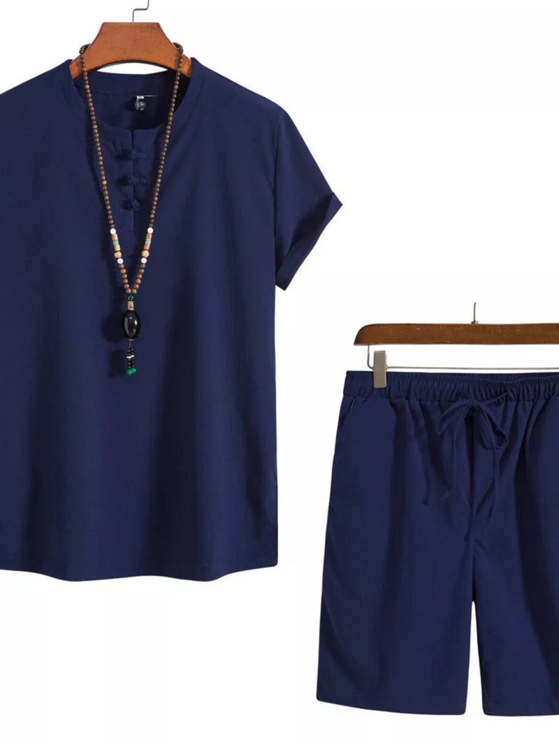 Men's Plus Size Mandarin Collar Short Sleeve Shirt and Shorts Set 6