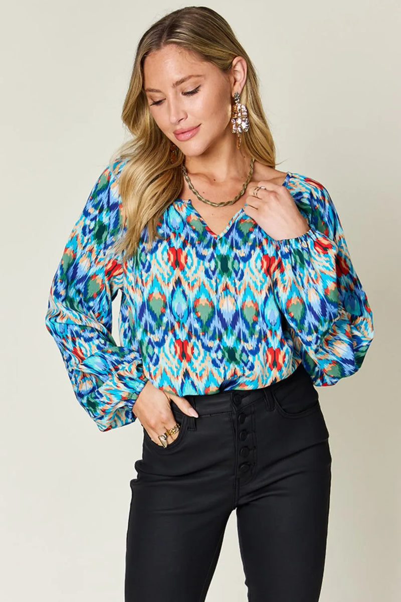 Double Take Full Size Printed Balloon Sleeve Blouse 1