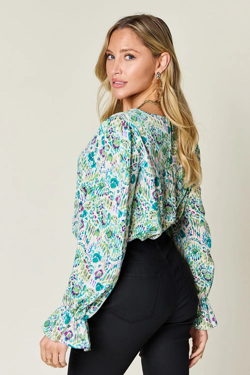 Double Take Full Size Printed Flounce Sleeve Blouse 8