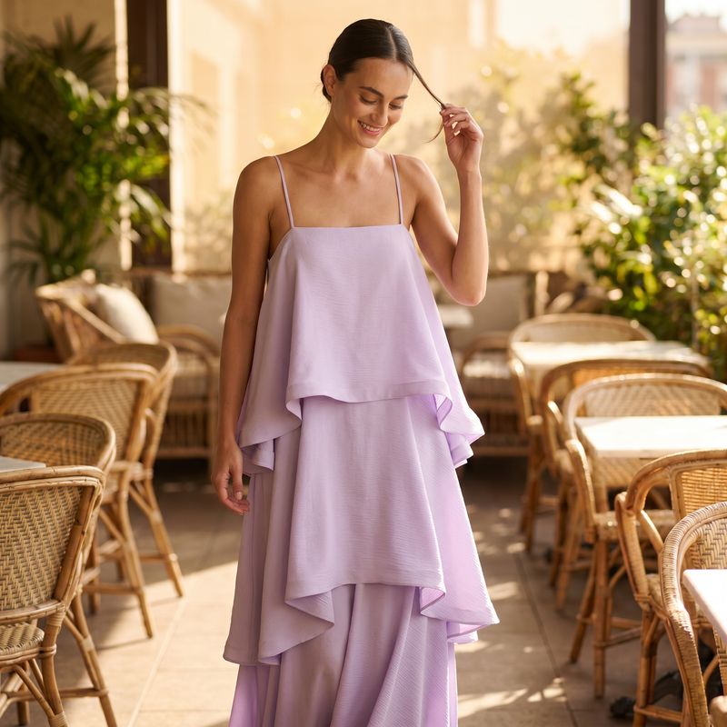 Saona Tiered Satin Maxi Dress — lifestyle