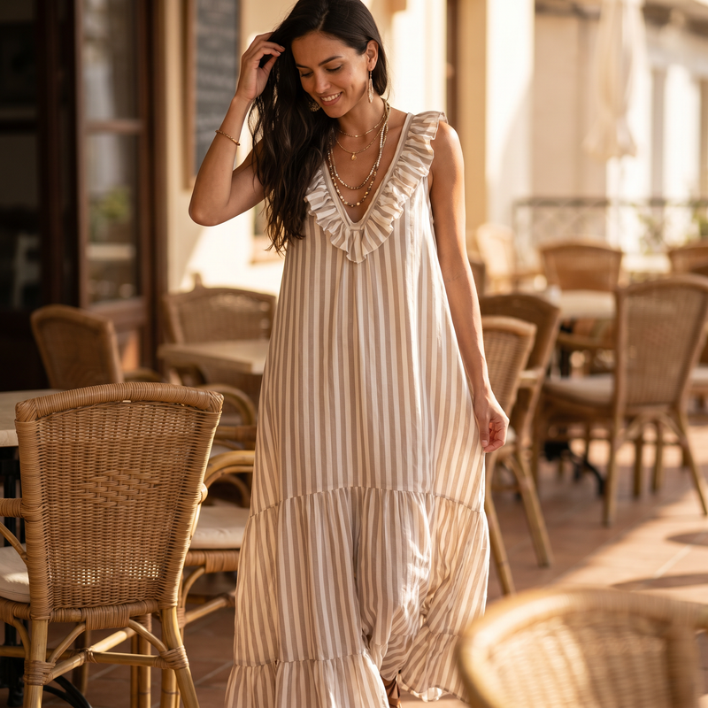 Striped Ruffle V-Neck Maxi — lifestyle