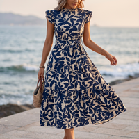 Midi con Volantes y Estampado de Hojas Teja