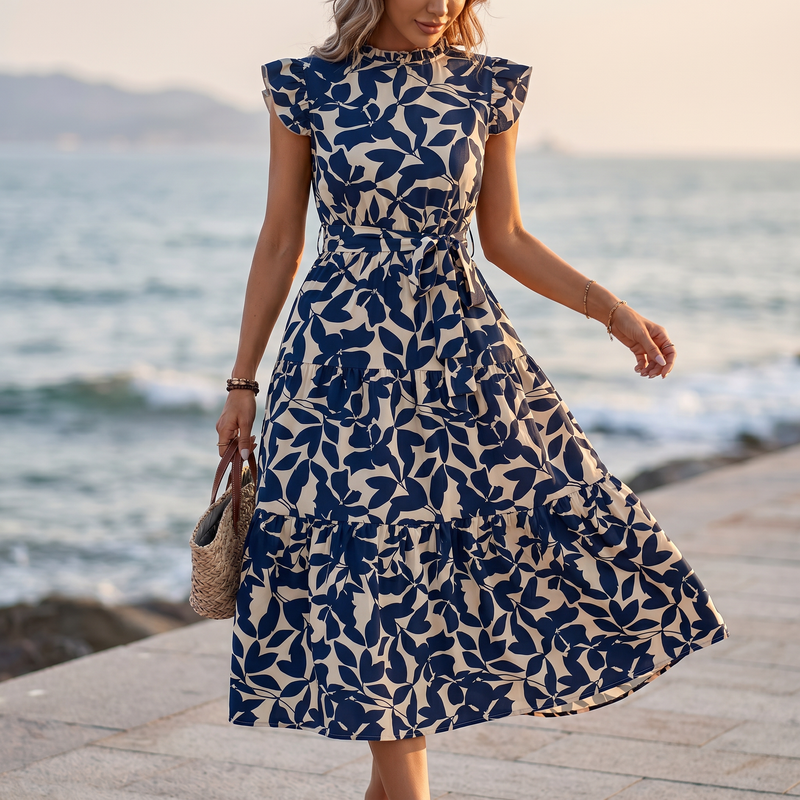 Rust Leaf-Print Ruffle Midi — lifestyle