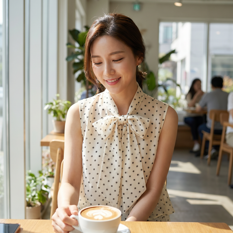 Cream Polka-Dot Bow Chiffon Blouse — lifestyle