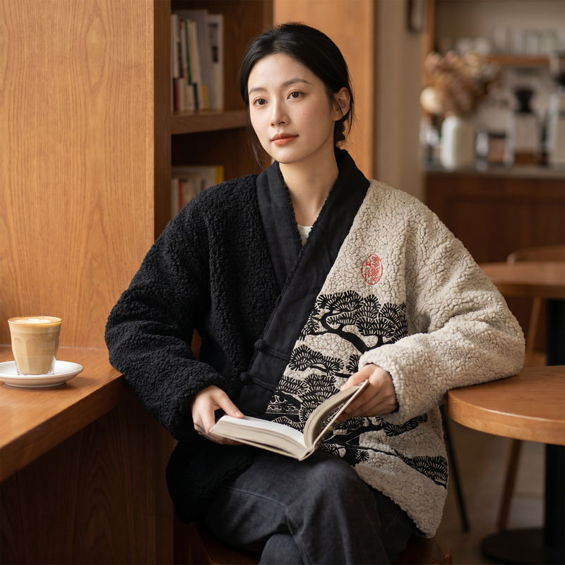Pine-Print Sherpa Kimono Cardigan — lifestyle