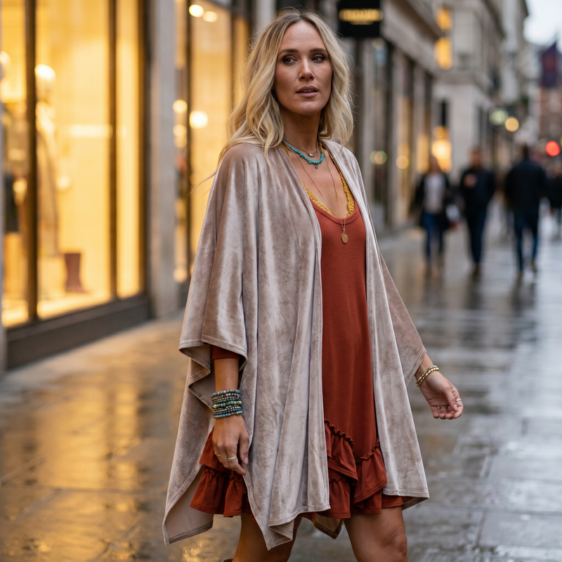 Velvet Open-Front Draped Kimono — lifestyle