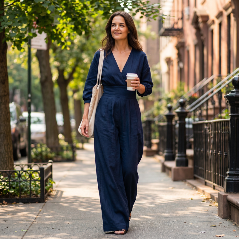 Fitted V-Neck Long-Sleeve Jumpsuit — lifestyle