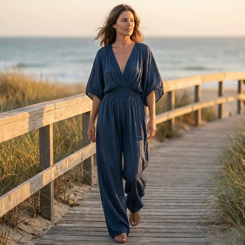 Indigo Batwing Wide-Leg Jumpsuit — lifestyle