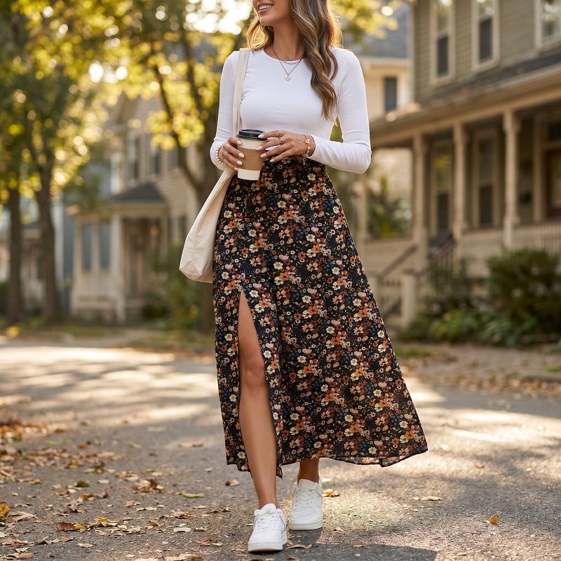 Meadow Ditsy Floral Slit Skirt — lifestyle