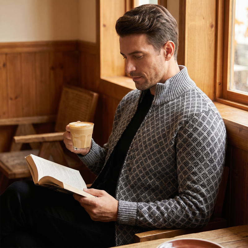 Griffin Plaid Knit Zip Cardigan — lifestyle