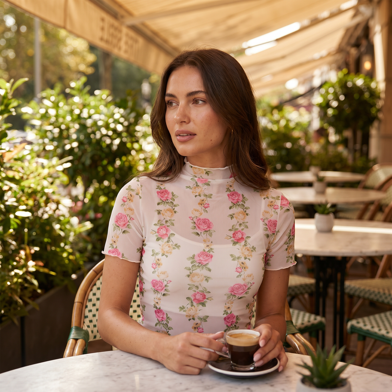Floral Print Sheer Mesh Top — lifestyle