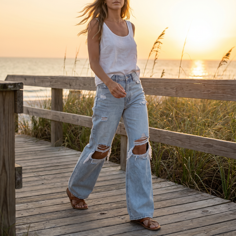 Distressed Wide Leg Jeans with Pockets — lifestyle
