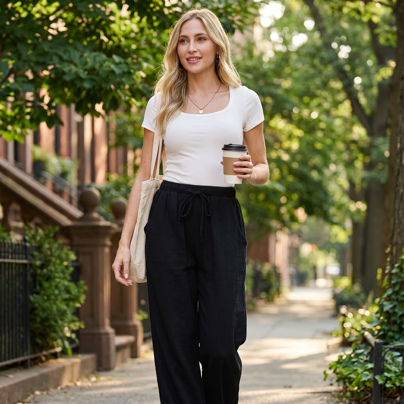 Double Take Full Size Texture Drawstring Straight Pants — lifestyle