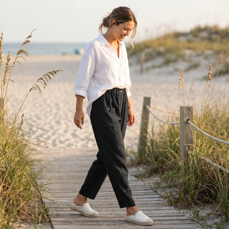 Button Detail Elastic Waist Pocket Pants — lifestyle