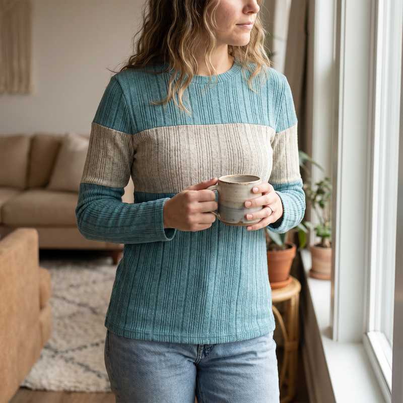 Color Block Round Neck Long Sleeve Sweater — lifestyle