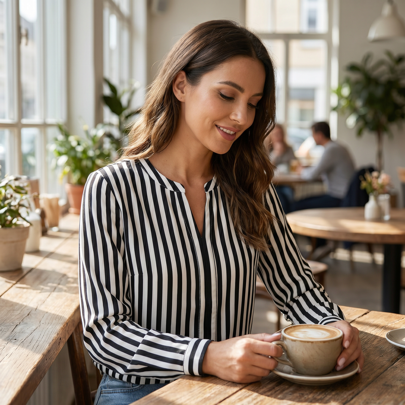 Striped Long Sleeve Notched Blouse — lifestyle