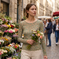 Top de Manga Larga de Malla con Estampado Floral