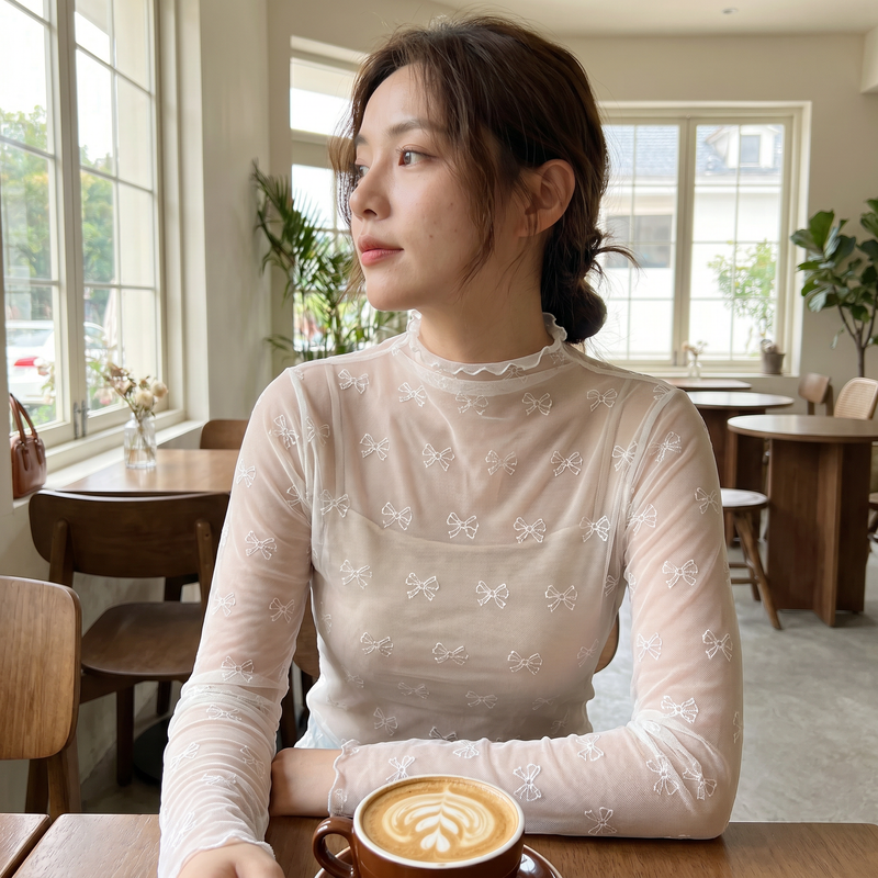 Bow Print Sheer Mesh Top — lifestyle
