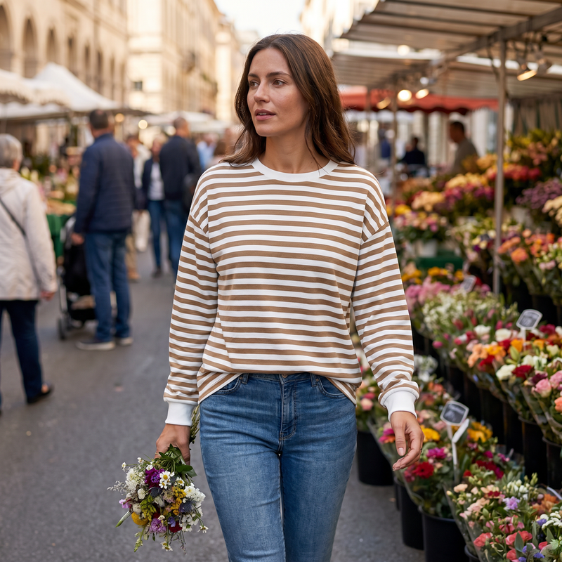 Ivy Lane Striped Round Neck Long Sleeve Sweatshirt — lifestyle