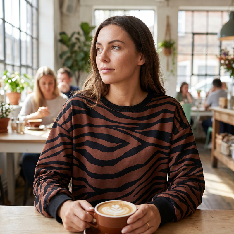 Zebra Print Round Neck Casual Sweatshirt — lifestyle