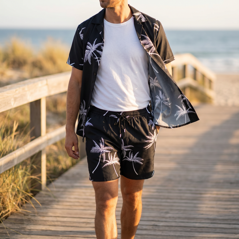 Men's Palm Print Button Up Shirt and Shorts Set Plus Size — lifestyle