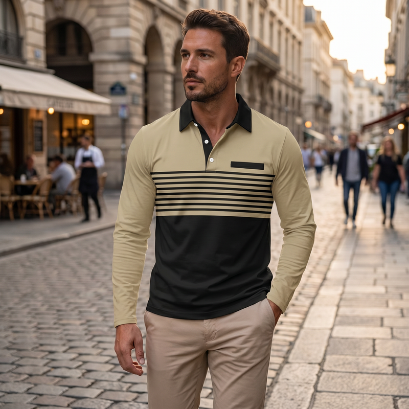 Men's Collared Neck Long Sleeve Striped Polo Plus Size — lifestyle