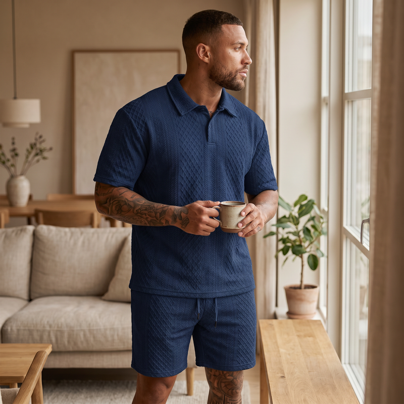 Men's Textured Knit Polo Shirt & Shorts Set Plus Size — lifestyle