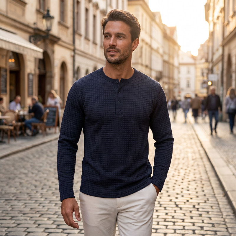 Jacquard Plaid Henley — lifestyle