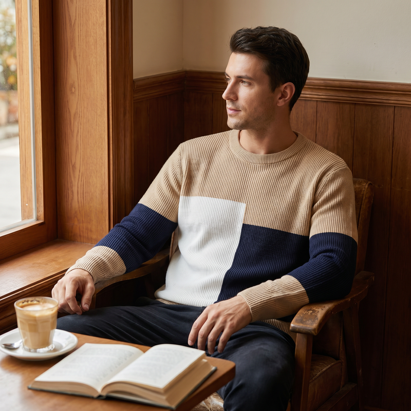 Men's Plus Size Color Block Round Neck Sweater — lifestyle