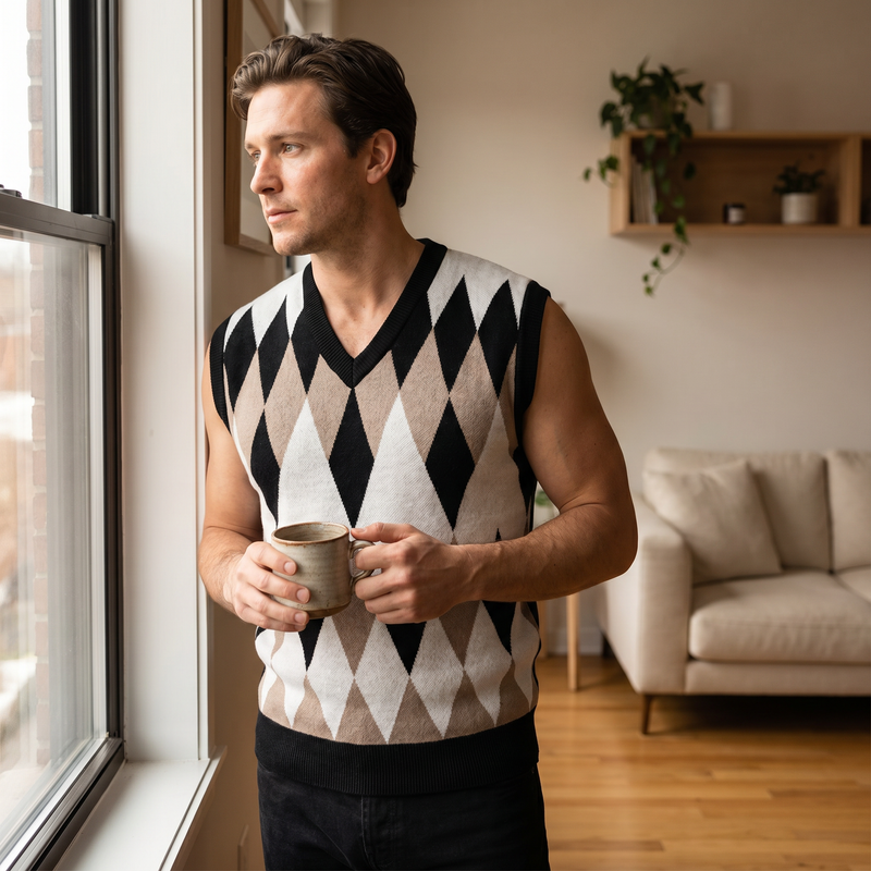 Men's Plus Size Diamond Pattern V-Neck Sweater Vest — lifestyle