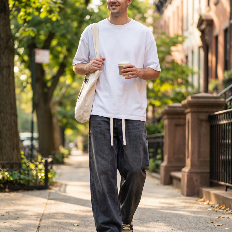 Men's Loose Fit Drawstring Wide Leg Jeans Plus Size — lifestyle