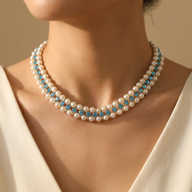 Collar Seraphine de perla y cristal, llevado al cuello